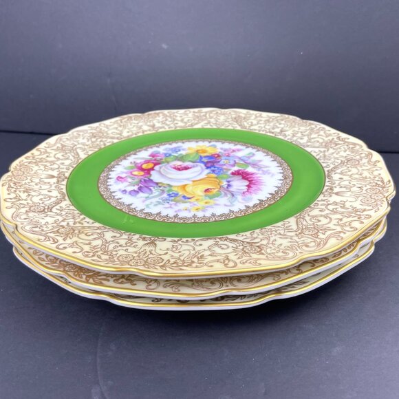 Set 3 Bohemia Czechoslovakia Bone China Dinner Green & Gold Floral Plates 10.5” - Picture 4 of 10